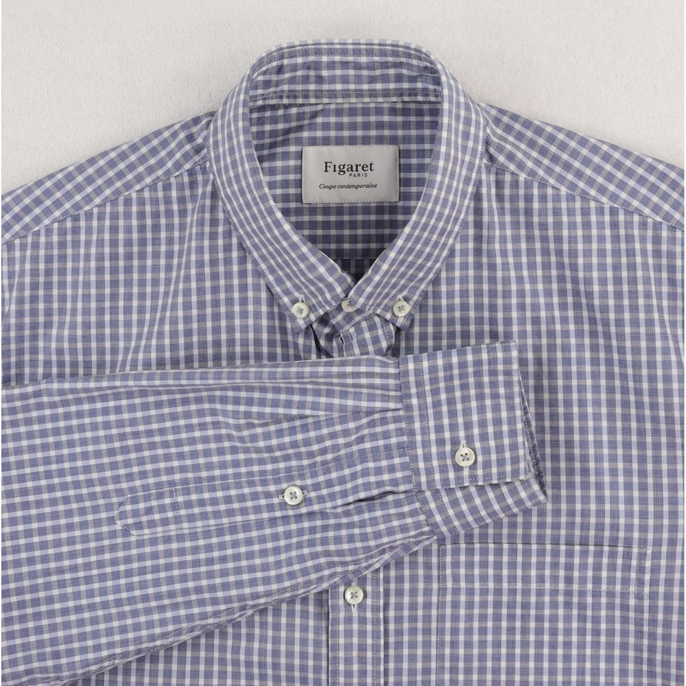 Figaret Paris Button Down Shirt Mens M Blue Plaid Check Long Sleeve Cotton
